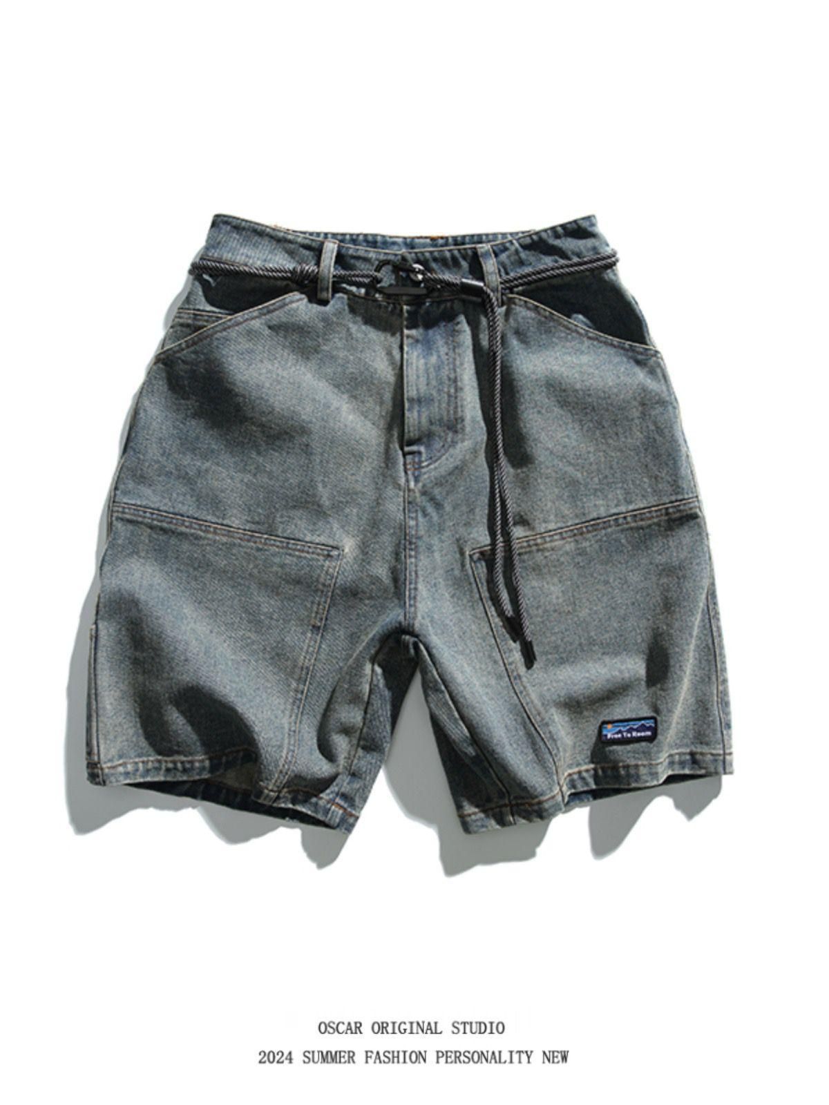 Men's Clothing Straps Washed Distressed Denim Shorts Men's Summer Hip Hop Loose Casual Workwear Shorts_viptrois.com