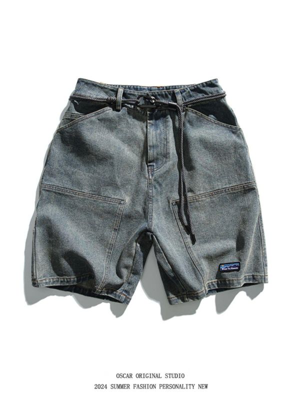 Men's Clothing Straps Washed Distressed Denim Shorts Men's Summer Hip Hop Loose Casual Workwear Shorts_viptrois.com