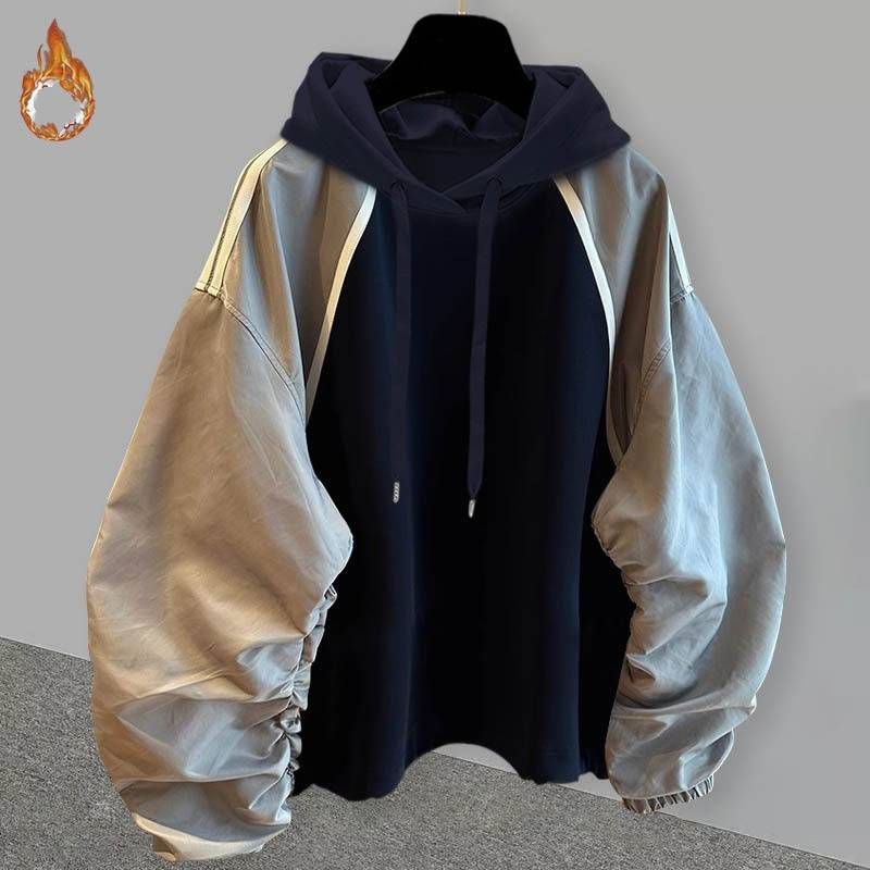Men's Clothing Fashion Brand Plus Velvet Thickened Pleated Raglan Sleeves Hooded Sweatshirt Suit Men's Design Warm Set_viptrois.com