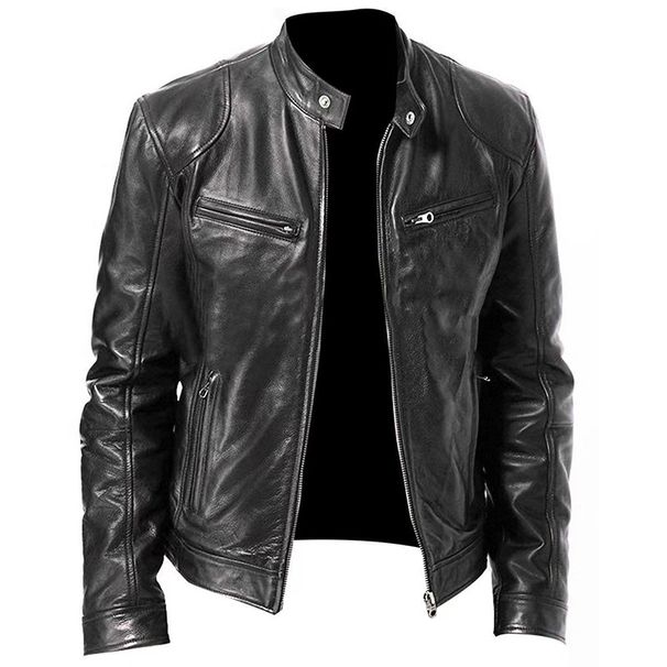 Mens Motorcycle Leather Jacket Slim Fit Short-Coat Lapel PU Jackets Spring New Zipper Stand Windproof Leather Coat Mens Clothing_viptrois.com