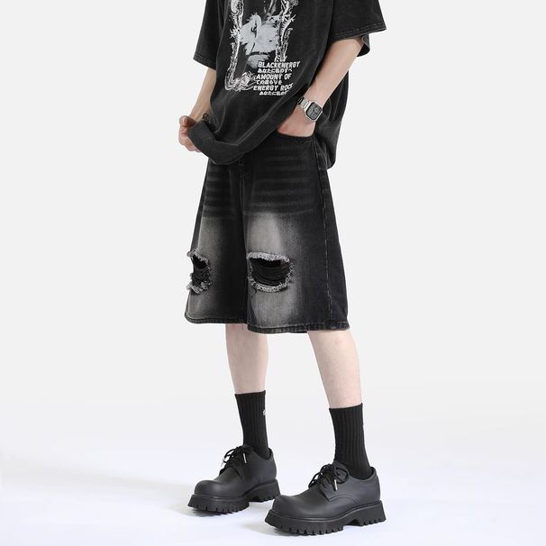 "Men's Vintage Distressed Denim Shorts – Retro High-Waisted Loose Fit (Streetwear, 5-Pocket Design, Breathable Cotton, Urban Casual Style)"_viptrois.com
