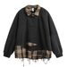 Distressed Tassel Two-Piece Sweatshirt For Men Spring Loose Trendy Design Turn-Down Collar Plaid Lined Pullover Top_viptrois.com