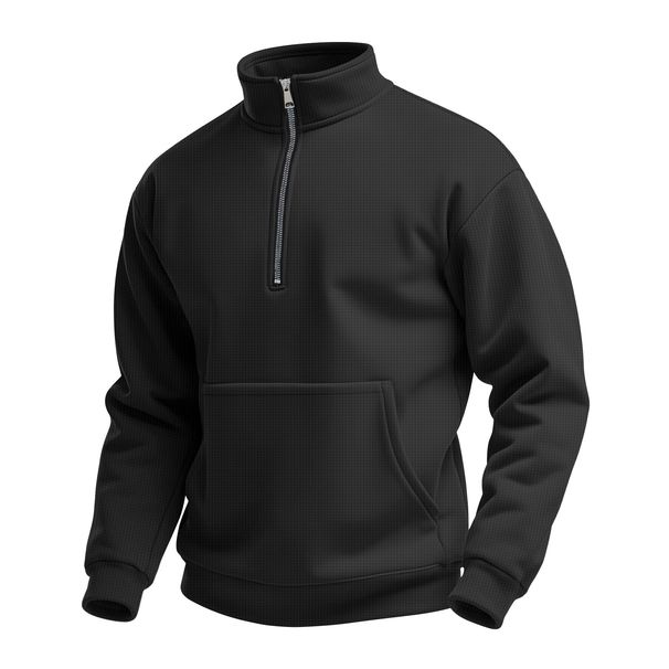 Men's Waffle Autumn Leisure Outdoor High Collar Half Zipper Pocket Pullover Long Sleeve Sweatshirt_viptrois.com