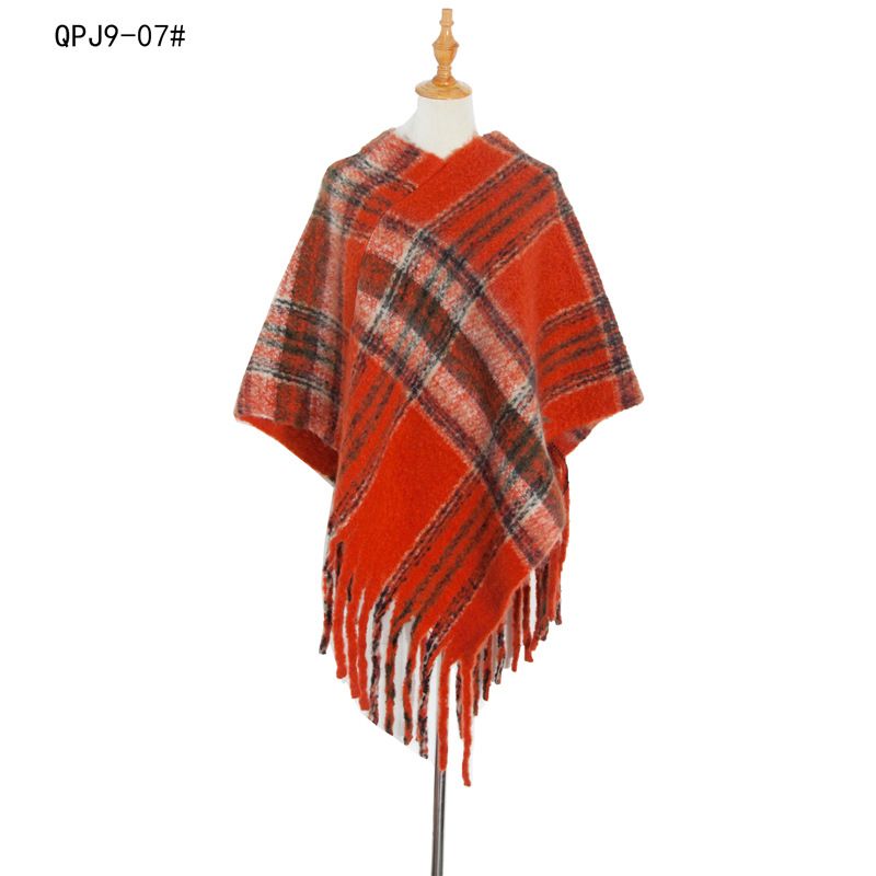 Unisex Thickened cape for women with fine check and coarse fringe pullover_viptrois.com