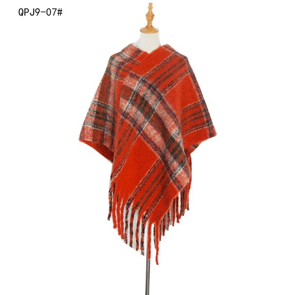 Unisex Thickened cape for women with fine check and coarse fringe pullover_viptrois.com