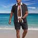 Men's Casual Versatile Lapel Button Down Color Matching Shirt Short Sleeved Shorts Suit_viptrois.com