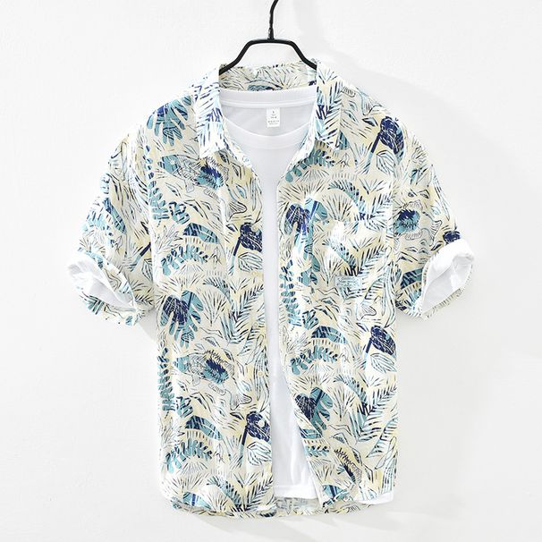Fresh And Artistic Printed Linen Shirt For Men's Summer Thin Cut Square Neck Linen Short Sleeved Shirt_viptrois.com