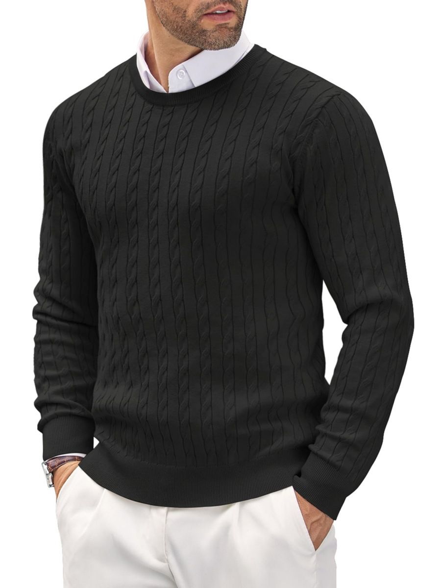 "Men's Slim-Fit Cable Knit Sweater – Classic Round Neck Pullover With Textured Design (Black/Navy/Beige, M-3XL)"_viptrois.com
