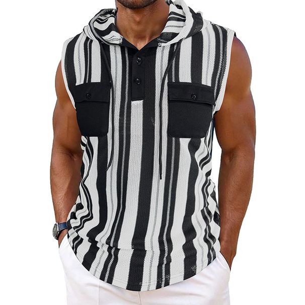 Men's Striped Sleeveless Tank Top Hooded Pocket Sports Hoodie T-Shirt Cross-Border Rope Men's Outdoor On_viptrois.com