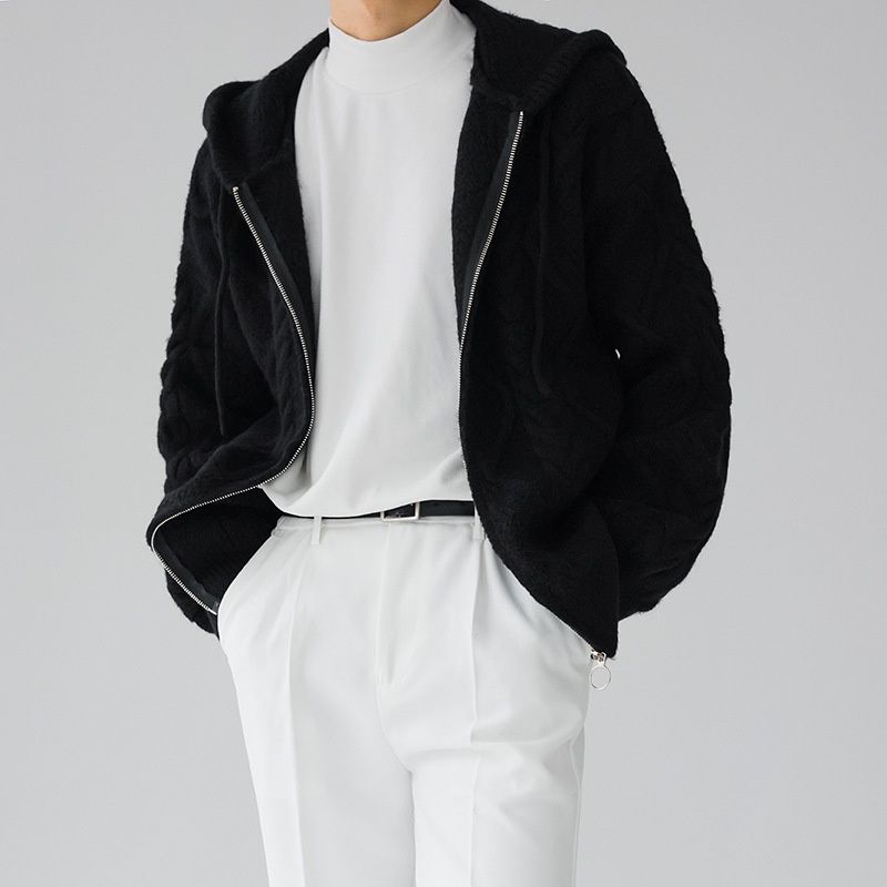 Pure Youthful Casual Hooded Jacquard For Men 2024 New Loose Slim Fit Inner Wear High-end Lazy Style Knitted Sweater_viptrois.com