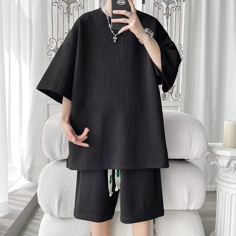 Men's Clothing Pattern Short Sleeved T Shirt Waffle Knit Short Sleeve T-Shirt & Shorts Set – Oversize Unisex Casual Outfit, Trendy & Comfortable_viptrois.com