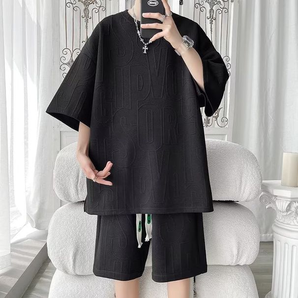 Men's Clothing Pattern Short Sleeved T Shirt Waffle Knit Short Sleeve T-Shirt & Shorts Set – Oversize Unisex Casual Outfit, Trendy & Comfortable_viptrois.com