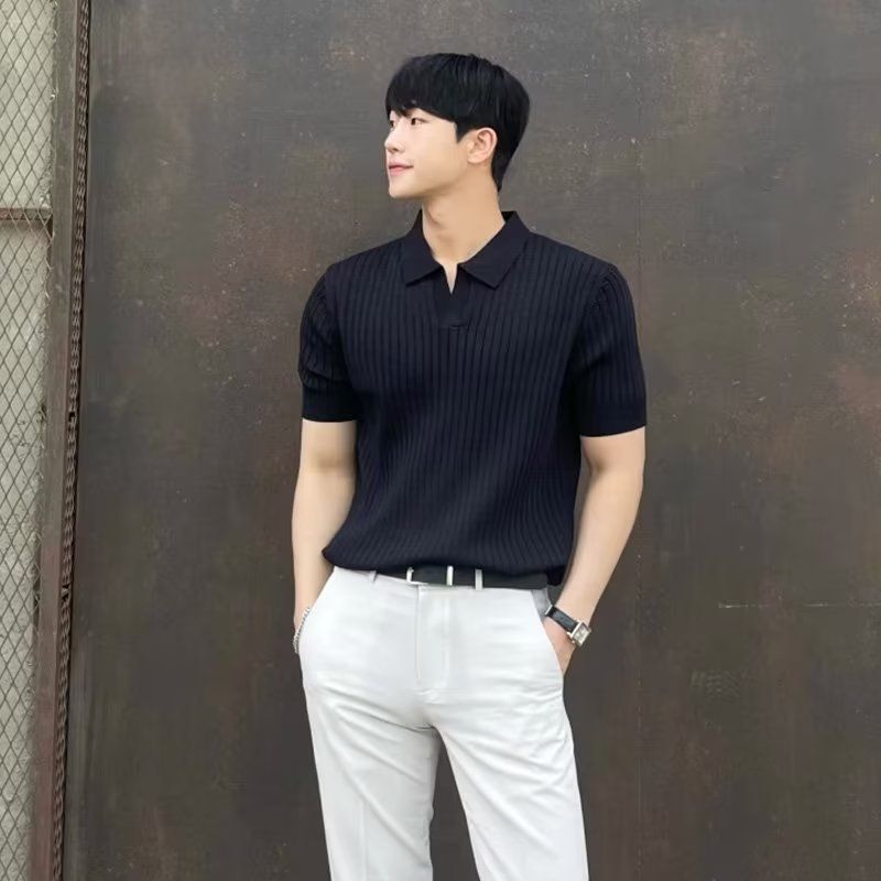 Men's Clothing High Quality Casual Lapel Slim Knit Sweater Men's Polo Short Sleeve Trend_viptrois.com