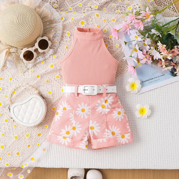 Kid's Clothing New Summer Girls Suits Small And Medium Children's Solid Color Halter Neck Top + Printed Shorts + Belt_viptrois.com