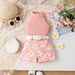Kid's Clothing New Summer Girls Suits Small And Medium Children's Solid Color Halter Neck Top + Printed Shorts + Belt_viptrois.com