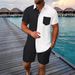 Summer Men's Hawaiian Jacquard Color-blocked Pocket Short-sleeved Shirt, Shorts, Lapel Shirt Casual Set For Foreign Trade_viptrois.com