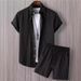 Men's Clothing Short Sleeved Drawstring Button Front Stripe Casual Two Piece Suit_viptrois.com