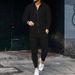 Men's Waffle Texture Long Sleeve Patchwork Lapel Set Fashion Casual Zipper Cardigan Sports Suit For Men_viptrois.com