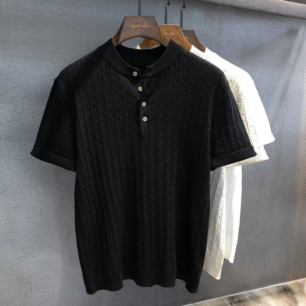 Men's Clothing High Grade Knitted Solid Color Pullover Button Short Sleeved T Shirt Men's Summer Korean Version Loose Henry Collar Polo Shirt Top_viptrois.com