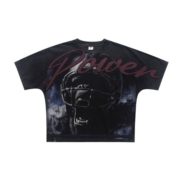 American-syle Washed Disressed Shor T-shir Wih Full Porrai Prin And Oversized Design, One-piece Raglan_viptrois.com
