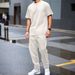 Men's Clothing Summer Men's Heavy Solid Color Jacquard Round Neck Short Sleeved T Shirt Trousers Outdoor Leisure Two Sets_viptrois.com