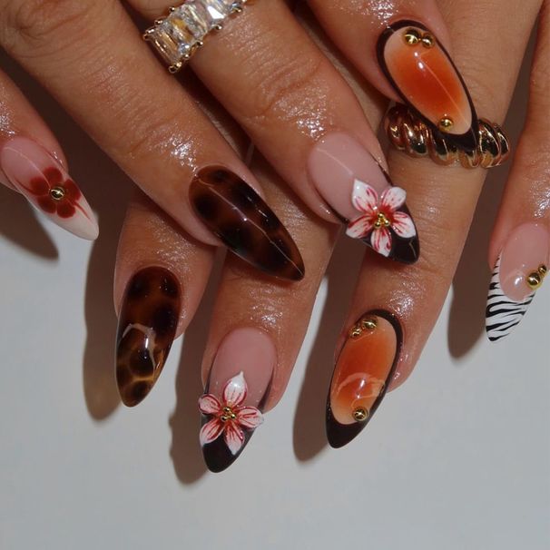 Almond Shaped Short False Nails - Handmade Leopard Print & Flashing Diamond Design, Water Drop & Flower Nail Art, European & American Style_viptrois.com
