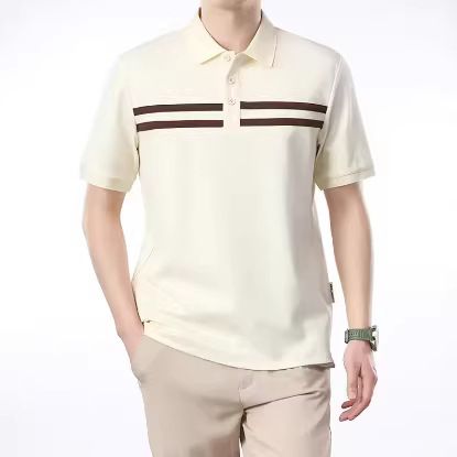 Men's Striped Patchwork Collar Polo Shirt Color Block Trendy Versatile Short Sleeve American Casual New_viptrois.com