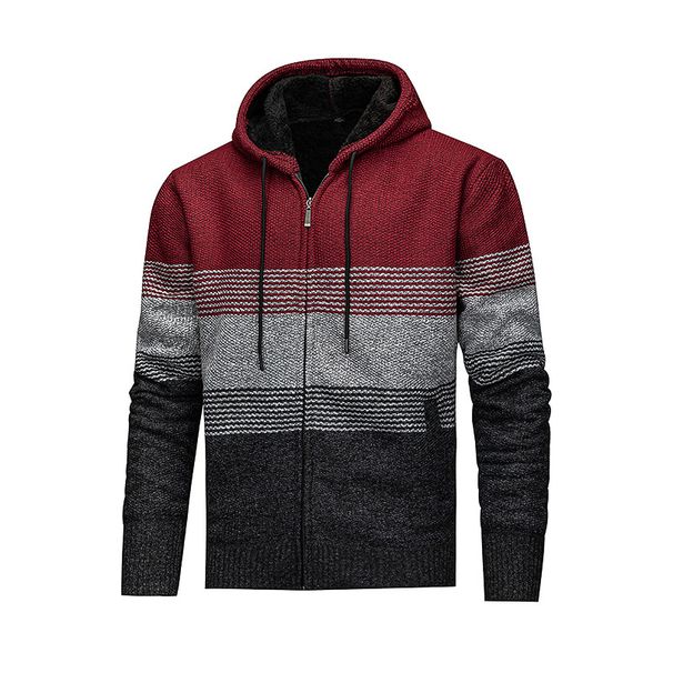 Men’s Winter Knit Cardigan – Fleece-Lined Hooded Sweater, Zipper Front, Casual & Warm (M-XXXL, Grey/Red/Blue)_viptrois.com
