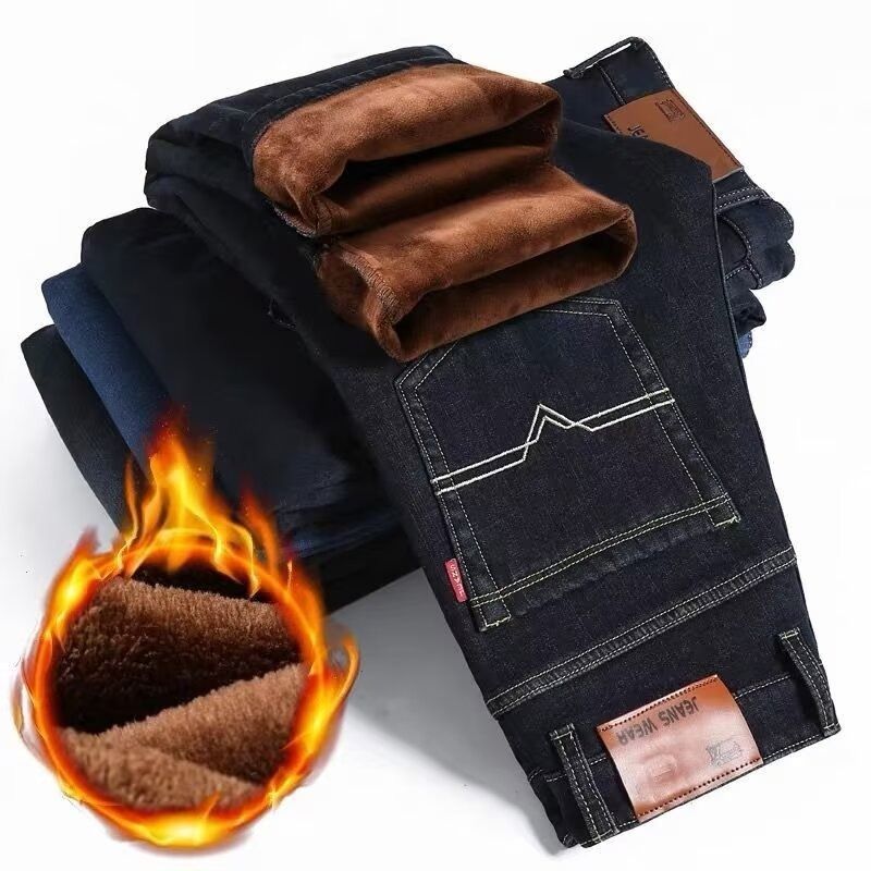 Men's Fleece-Lined Thick Winter Jeans - High Waist Loose Fit Comfortable & Warm Anti-Wrinkle Casual Pants For Cold Weather_viptrois.com