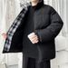 Men's Plaid Stand Collar Puffer Jacket – Winter Warm Quilted Coat With Fleece Lining (M-5XL, Beige/Black/Blue)_viptrois.com