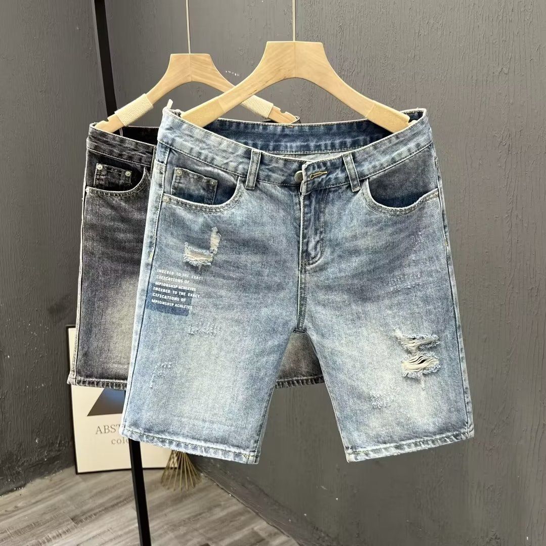 Ripped Denim Shorts For Men In Summer, Thin Loose Casual Mid Length Pants, 2024 New Trendy Brand, Cool And Stylish Five_viptrois.com