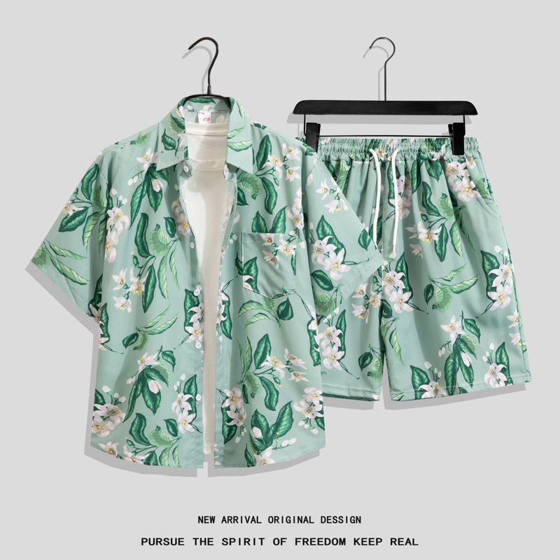 Men's Clothing Ice Silk Suit Men's Quick Drying Summer Short Sleeved Shirt Loose Large Size Floral Beach Shorts Couple Matching Two Piece Suit_viptrois.com