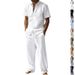 Men's Summer Linen Collared Shirt Set Short Sleeved Casual Two Piece Set American Style Menswear_viptrois.com