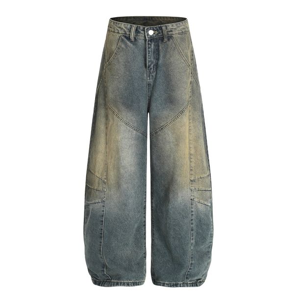 Post-apocalyptic Style Washed Vintage Scimitar Wide-Leg Jeans For Men High Street Trendy Three-Dimensional Deconstructed_viptrois.com
