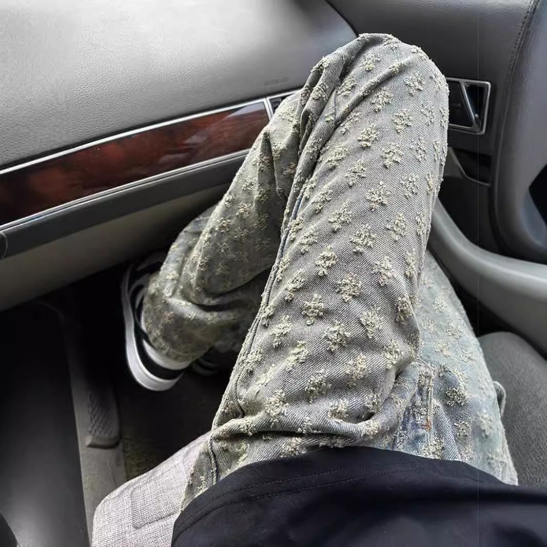 Men's Clothing Blue Jacquard Full Print Flared Jeans Oversize Pants Trendy Brand Cool Street Men's Workwear Straight Pants_viptrois.com