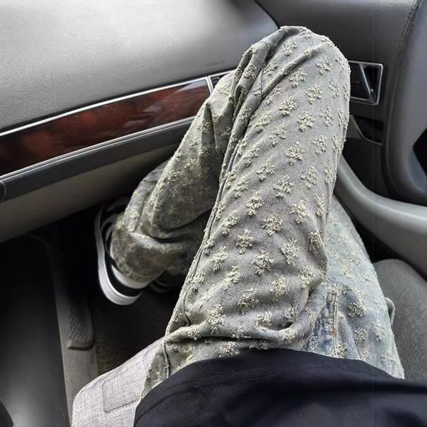 Men's Clothing Blue Jacquard Full Print Flared Jeans Oversize Pants Trendy Brand Cool Street Men's Workwear Straight Pants_viptrois.com
