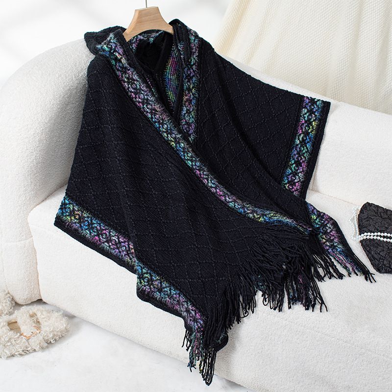 Ethnic style knitted hooded tassel cape sweater shawl lady's coat_viptrois.com