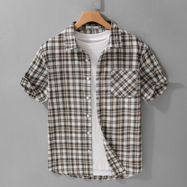 Retro New Men's Casual Plaid Short Sleeved Cotton Shirt Versatile Retro Youth Casual Shirt Summer_viptrois.com