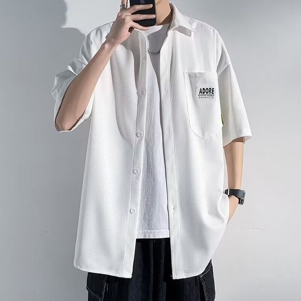 Flip Collar Short Sleeved Shirt For Men's Summer Trend, Loose And Casual Five Quarter Sleeved Shirt, Trendy Brand Jacket_viptrois.com
