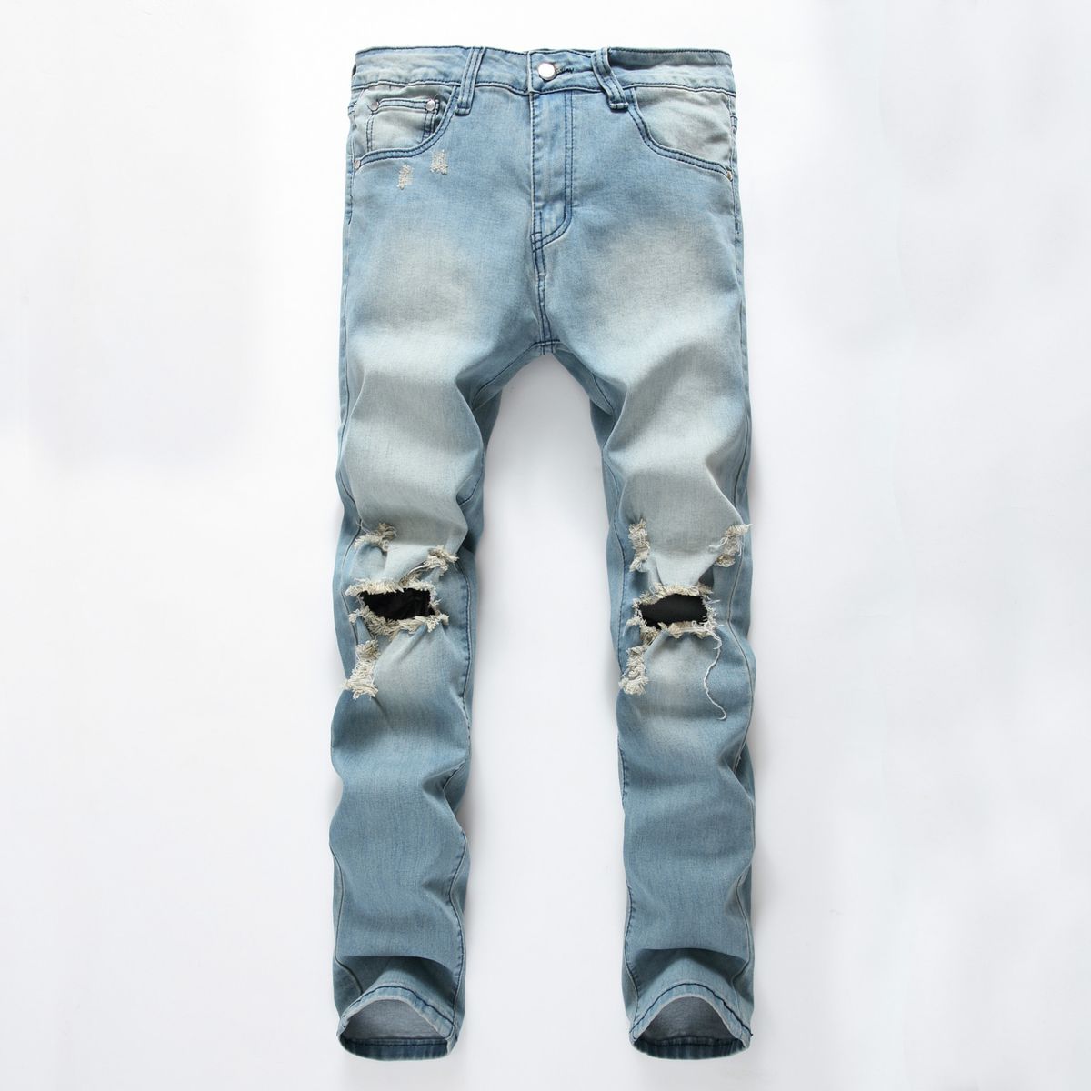 Men's Clothing New Denim Slightly Elastic Knee Ripped Jeans Trendy Street_viptrois.com