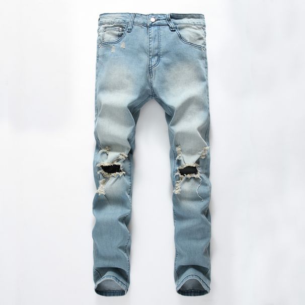 Men's Clothing New Denim Slightly Elastic Knee Ripped Jeans Trendy Street_viptrois.com