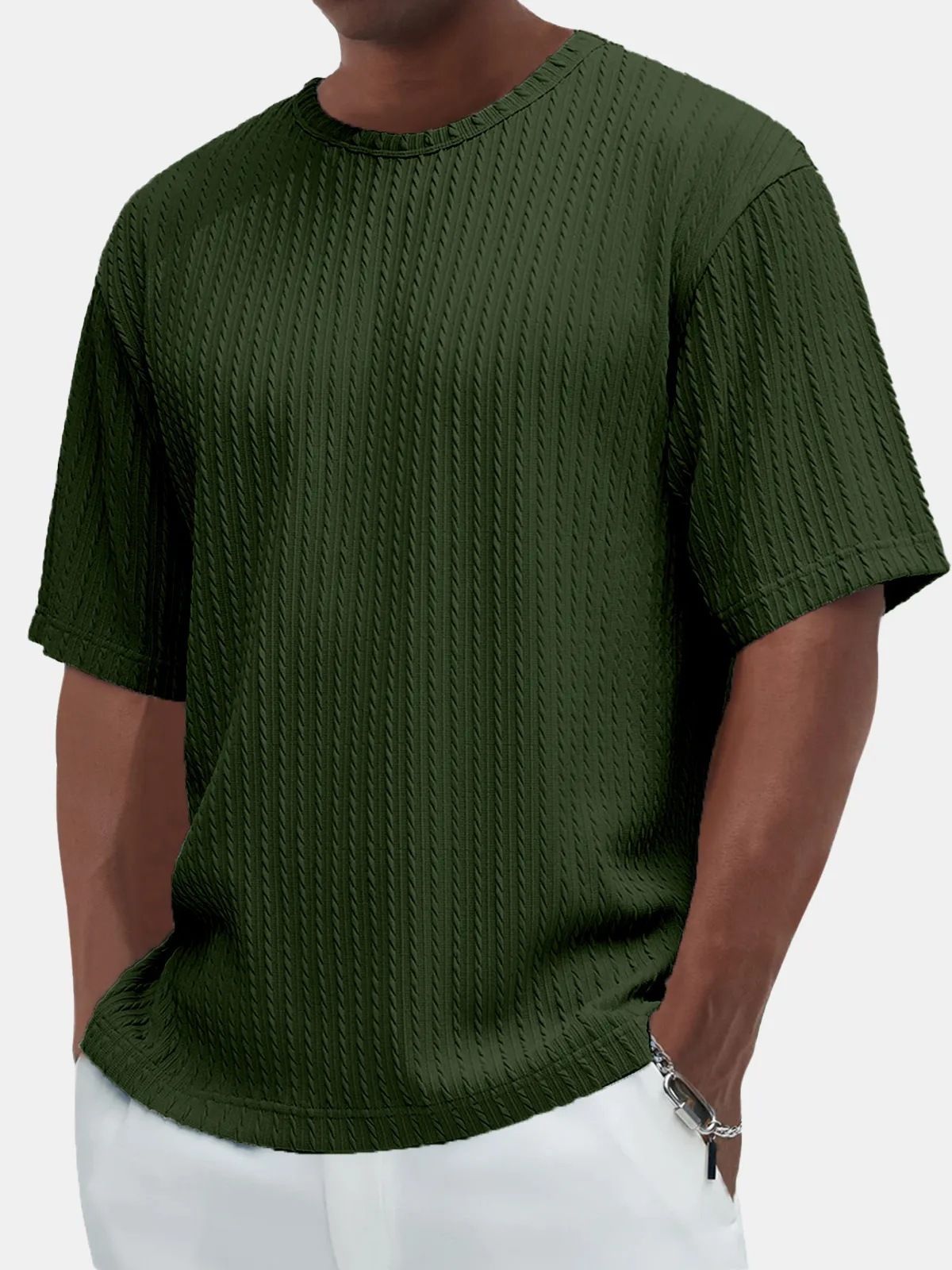 Men's Clothing Casual Round Neck Short Sleeved T Shirt Fashionable And Versatile Textured T Shirt Tops_viptrois.com