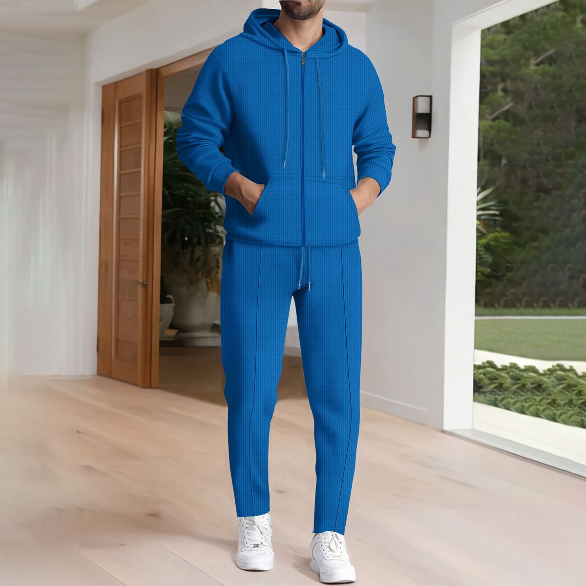 Men's Clothing Waffle Knit Hoodie & Jogger Set - Zip-Up Fleece Tracksuit For Winter, Casual Loungewear (Black/ Grey/ Khaki) - S-XXXL_viptrois.com