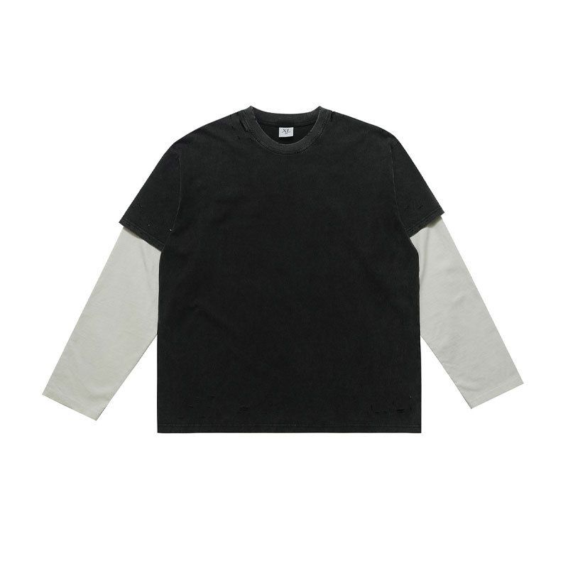 American High Street Style Unisex Washed And Distrsed Fake Two-piece Long Sleeve T-shirt With Spliced_viptrois.com