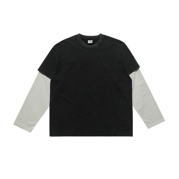 American High Street Style Unisex Washed And Distrsed Fake Two-piece Long Sleeve T-shirt With Spliced_viptrois.com