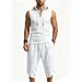 Men's Casual Loose Cropped Sports Two Piece Set Style Waffle Sleeveless Hooded Vest With Pants_viptrois.com