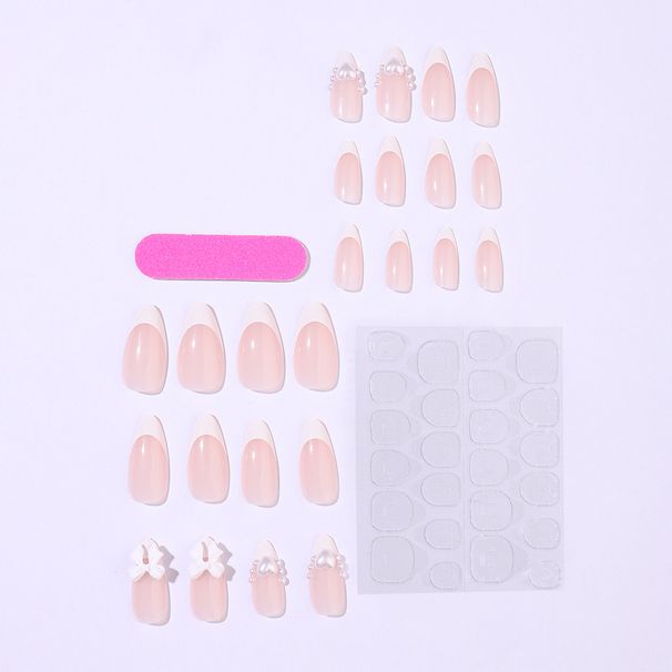 Wearable Almond Nails White Bow Pearl Heart False Nails French Manicure Nail Tips_viptrois.com