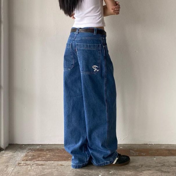 Vintage Embroidered Jeans - Y2K Retro High Street Wide Leg Pants, Loose Fit Casual Denim Trousers With Unique Stitching, Comfortable & Stylish_viptrois.com
