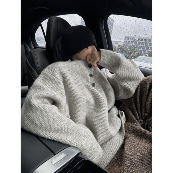 Autumn Winter Cleanfit Single-Breasted Knit Sweater Men's Fashion Lazy Style Henley Collar Loose Coat_viptrois.com
