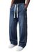 Men's Straight Leg Jeans Drawstring Elastic Waist Loose Fit Trendy Casual Trousers Wide Leg Version_viptrois.com